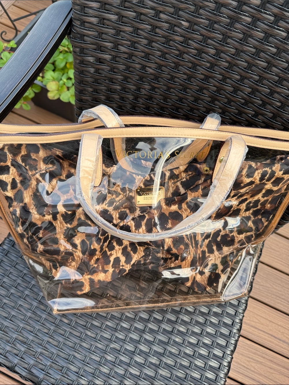 Victoria's Secret Clear Tote with Leopard Print and Tan Trim